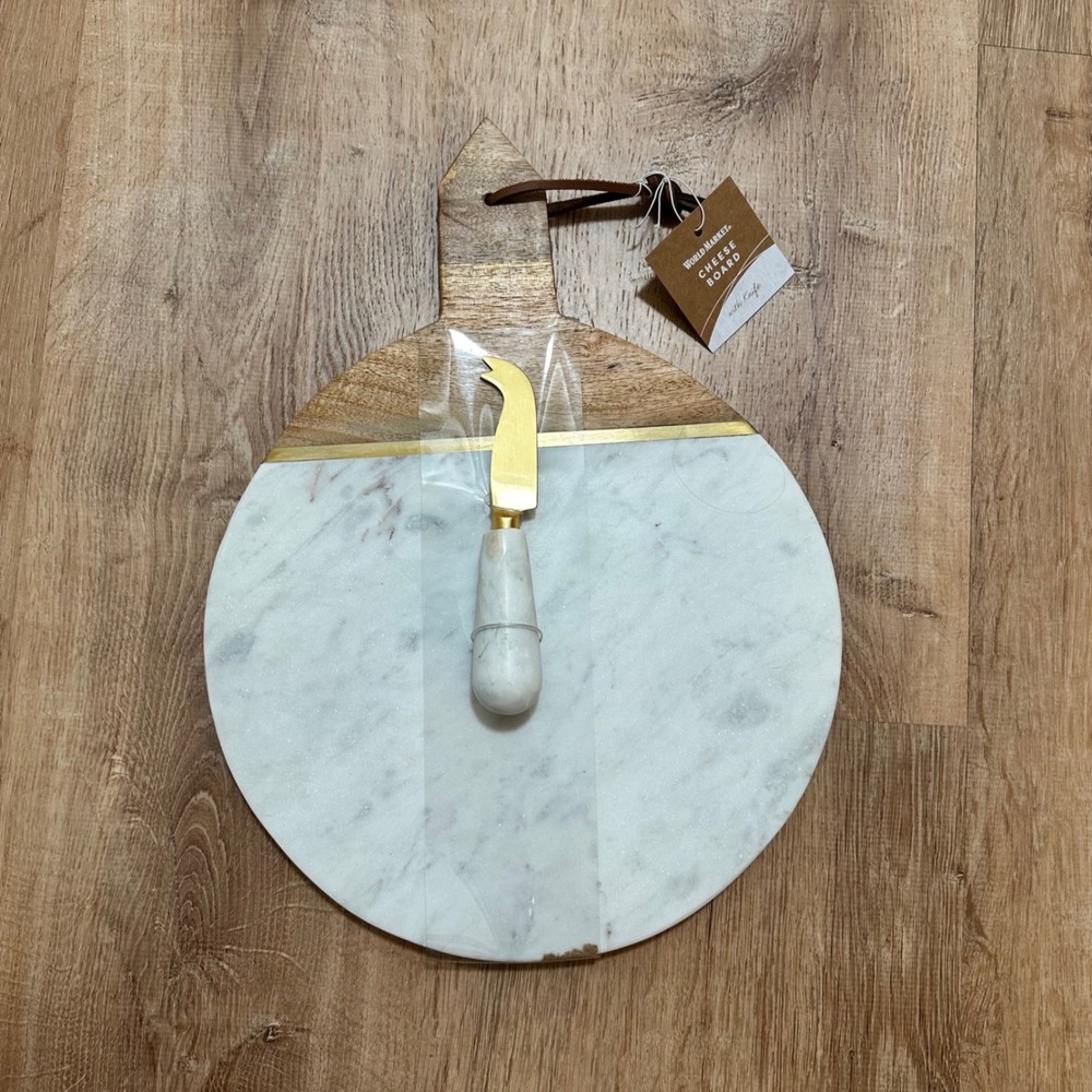World Market | NWT Marble and Wood Cheese Board with Gold Knife Set